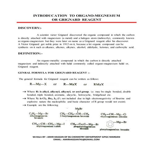 Introducation to organo metallic compund or grignard reagent