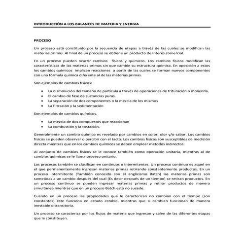 Introducción a Los Balances De Materia Y Energia