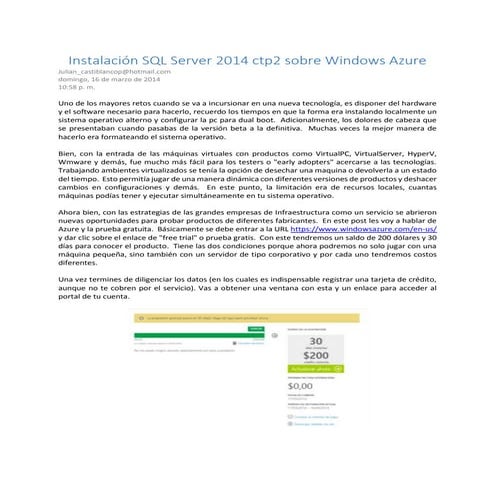 Instalación de Sql server 2014 ctp2 sobre azure