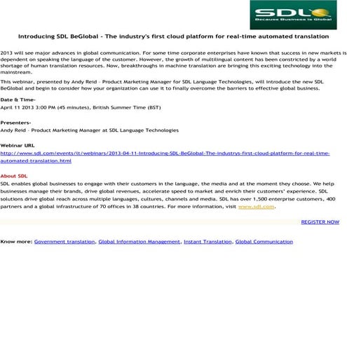 Introducing SDL BeGlobal - The industry's first cloud platform for real-time ...