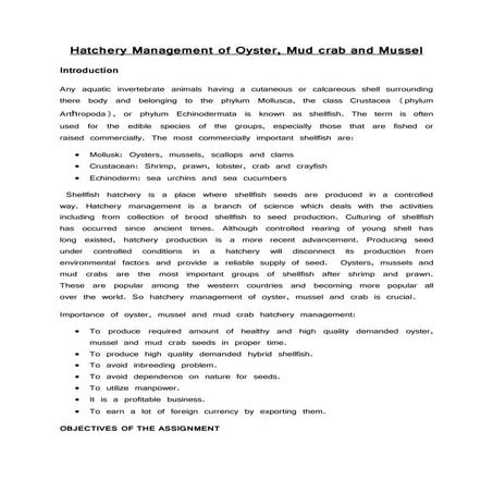 Hatchery Management of Oyster, Mud crab and Mussel