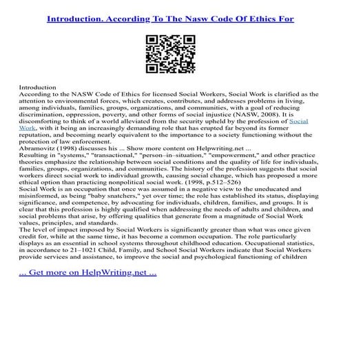Introduction. According To The Nasw Code Of Ethics For | PDF