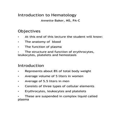 Introduction To Hematology