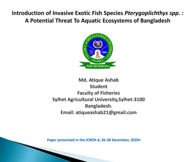 Introduction of Invasive Exotic Fish Species Pterygoplichthys spp.  A Potenti...