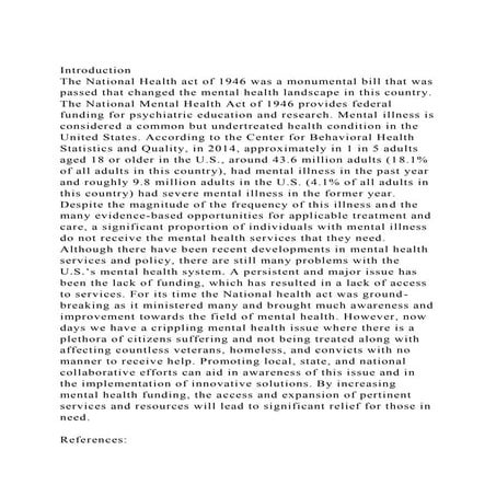 IntroductionThe National Health act of 1946 was a monumental bil.docx