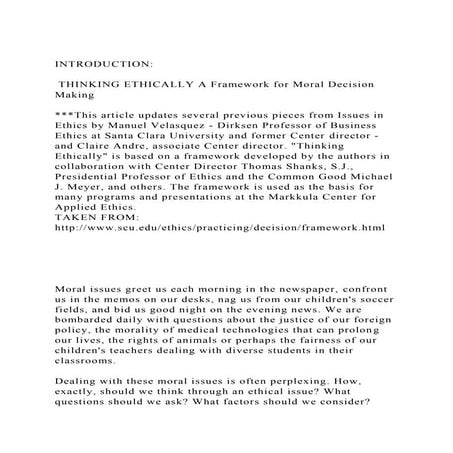 INTRODUCTION THINKING ETHICALLY A Framework for Moral Decisio.docx