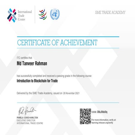 Introduction to blockchain for trade certificate of achievement