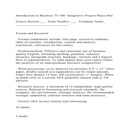 Introduction to Business 75-100 Integrative Project Phase OneCo.docx