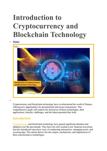 Introduction to Cryptocurrency and Blockchain Technology | Business Wolf Maga...