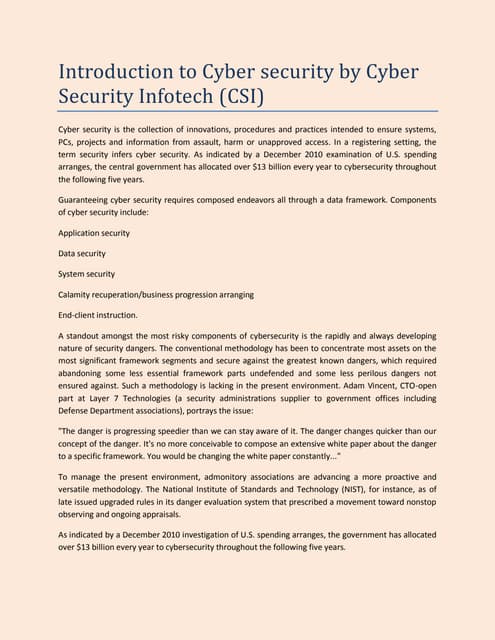 Introduction to cyber security by cyber security infotech (csi)