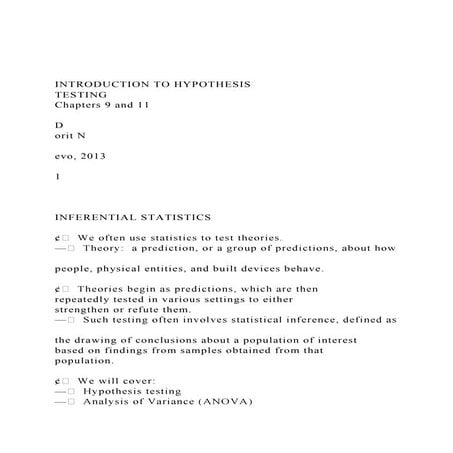 INTRODUCTION TO HYPOTHESIS TESTING Chapters 9 and 11 D.docx