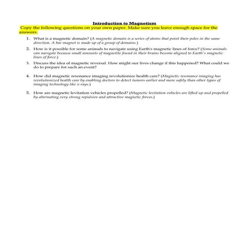 Introduction To Magnetism Journal Page 1 With Answers