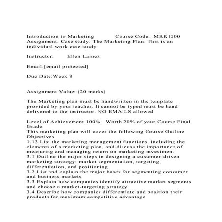 Introduction to Marketing            Course Code  MRK1200Assi.docx