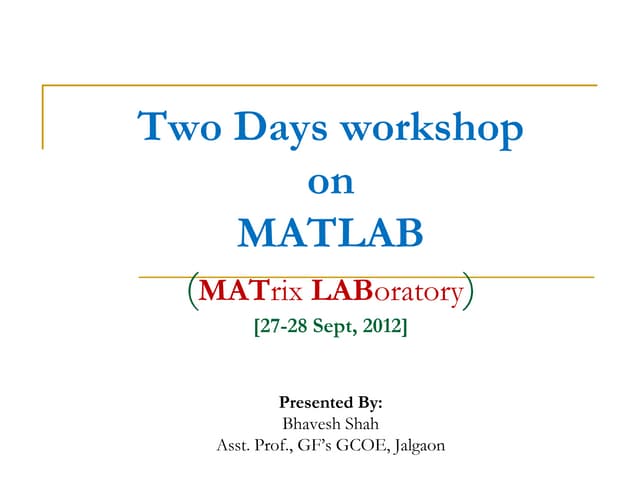 Two Days workshop on MATLAB