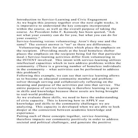 Introduction to Service-Learning and Civic EngagementAs we begin.docx