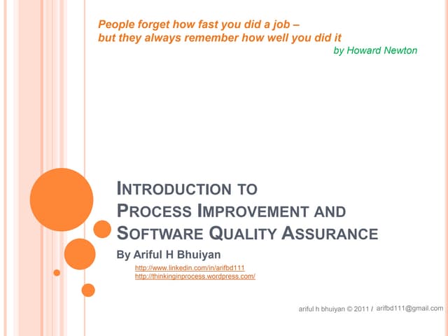 Introduction to Process Improvement & Software Quality Assurance