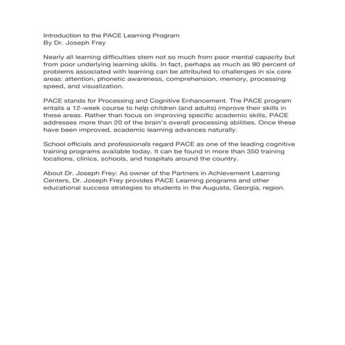 Introduction to the PACE Learning Program By Dr. Joseph Frey | PDF