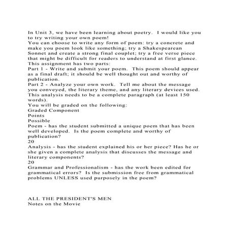 In Unit 3 We Have Been Learning About Poetry I Would Like You T Do