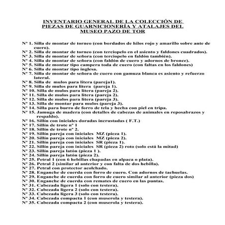 Inventario general de la colección de piezas de guarnicionería y atalajes del