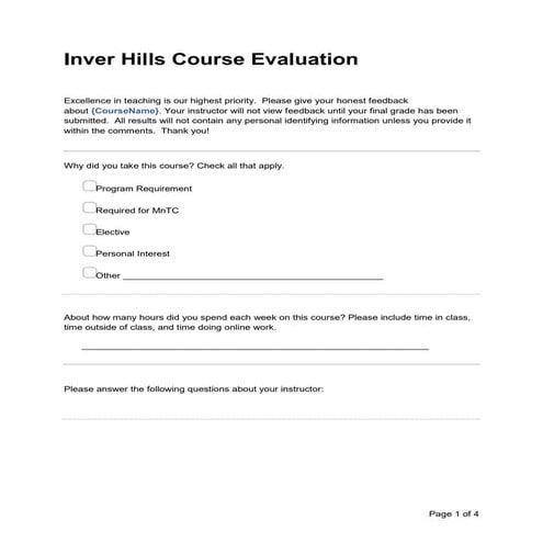 Inver hills Course Evaluation Form