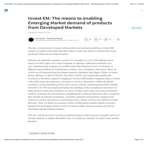 Invest em: the means to enabling emerging market demand of products from deve...