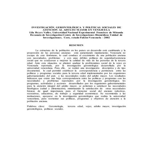 Investigación Gerontológica y Políticas Sociales para el Adulto Mayor