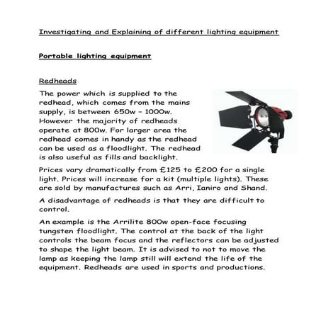 Investigating and explaining of different lighting equipment
