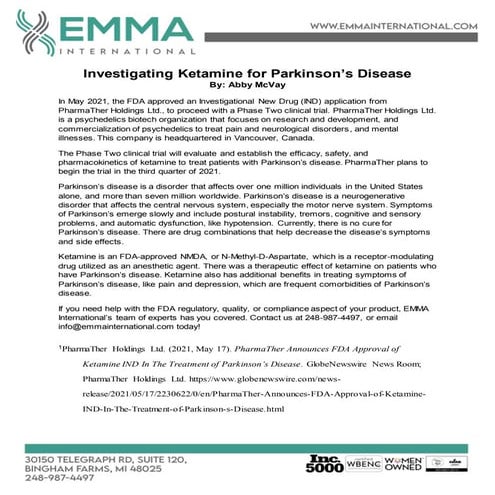 Investigating Ketamine for Parkinson’s Disease