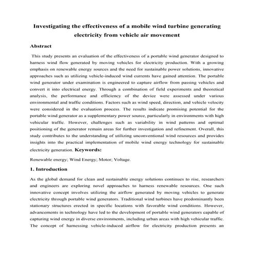 Investigating the effectiveness of a mobile wind turbine generating electrici...