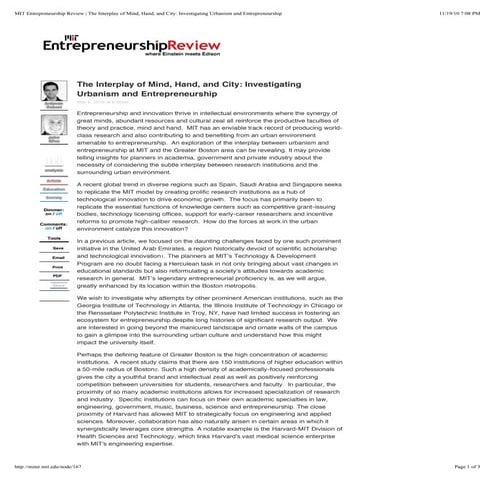 Investigating Urbanism And Entrepreneurship, MIT Entrepreneurship Review