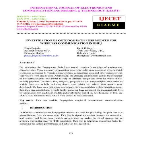 Investigation of outdoor path loss models for wireless communication in bhuj