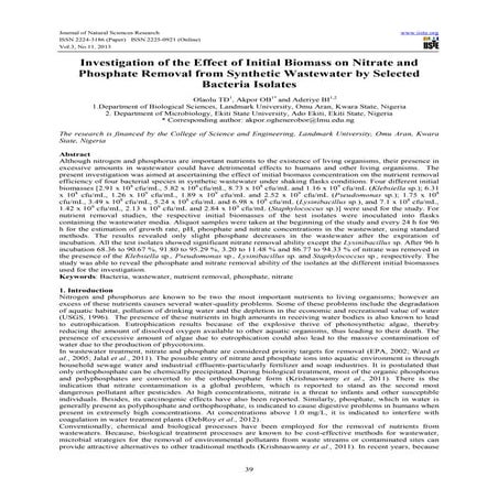 Investigation of the effect of initial biomass on nitrate and phosphate remov...