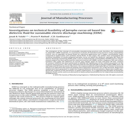 Jatropha oil (Jatropha Biodiesel) as Biodielectric fluid for sustainable manu...