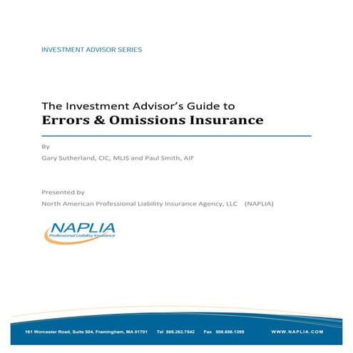 Investment Advisors Guide to Errors & Omissions Insurance | PDF