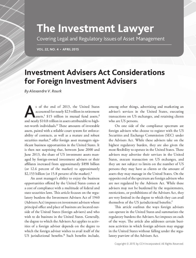 Investment Advisers Act Considerations for Foreign Investment Advisers