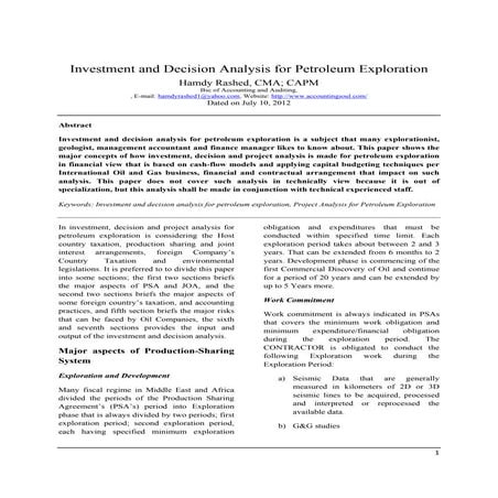 Investment and decision analysis for petroleum exploration