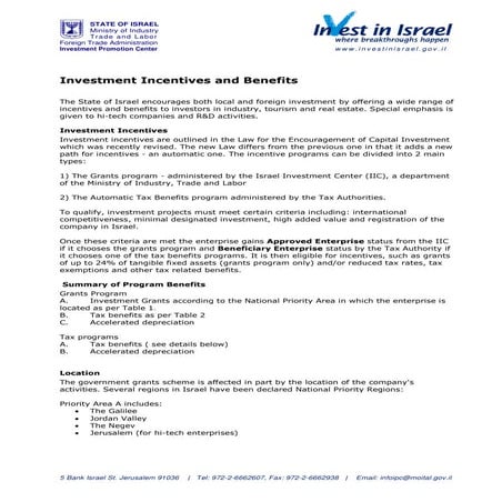 Investment Incentives Benefits in Israel