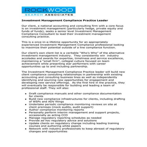 Investment Management Compliance Practice Leader