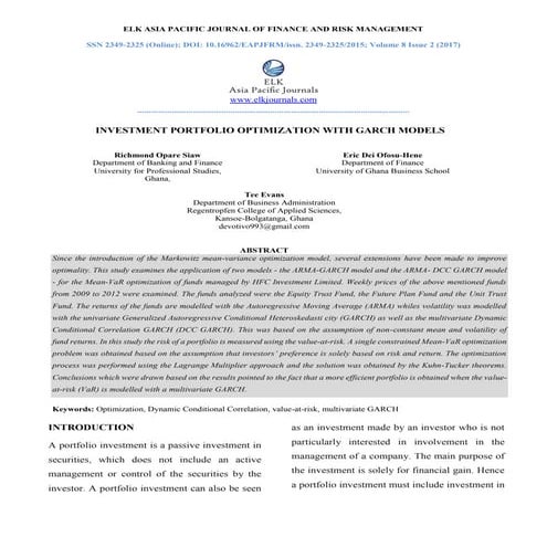 Investment portfolio optimization with garch models