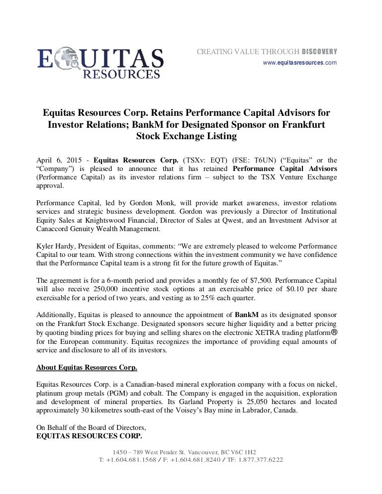 Investor Relations And Frankfurt Stock Exchange Listing Sponsor