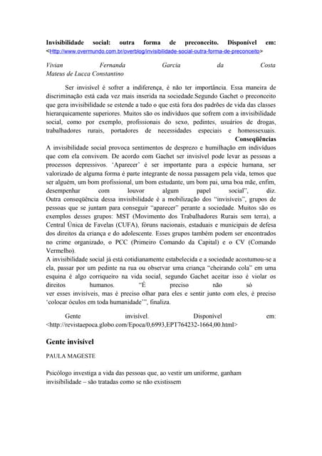 Invisibilidade social texto | DOC