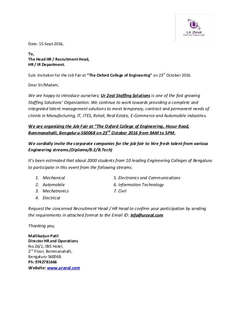 Invitation for job fair, Oct 2016 at The Oxford College of Engineering