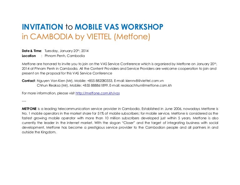 Invitation Letter for mVAS workshop of Viettel Cambodia 