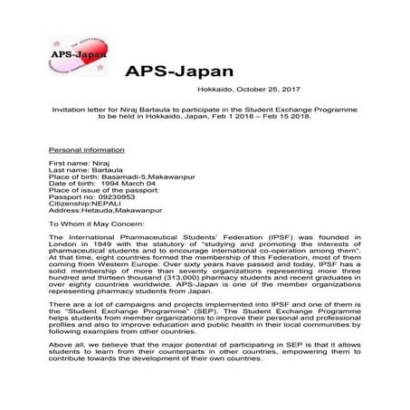 Invitation letter  (niraj bartaula) from japan