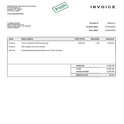 Detailed Invoice for HVAC Installation and Equipment Purchase | PDF