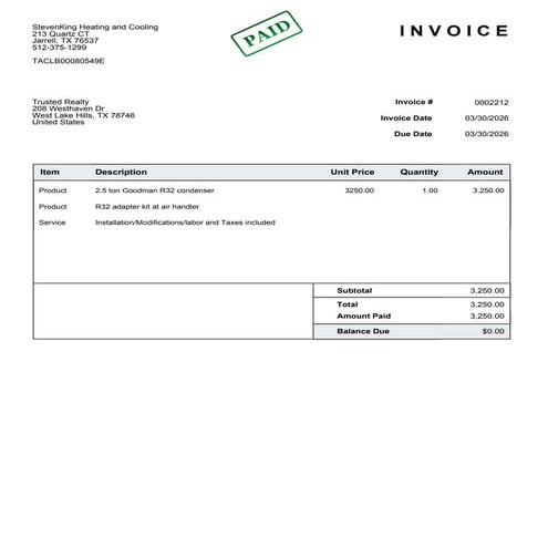 Detailed Invoice for HVAC Installation and Equipment Purchase | PDF