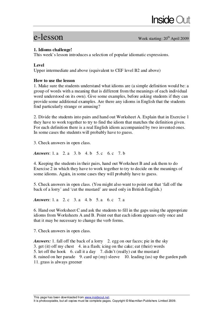 Idioms Challenge Answer Key