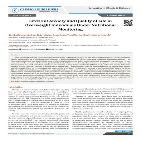 Levels of Anxiety and Quality of Life in Overweight Individuals Under Nutriti...