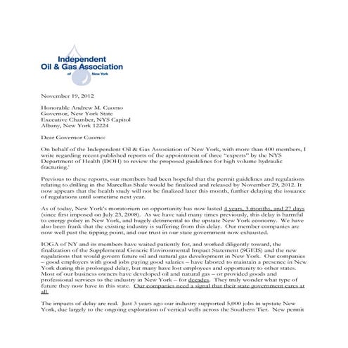 IOGA of NY Letter to NY Gov. Andrew Cuomo Urging Him to Release Shale Drillin...