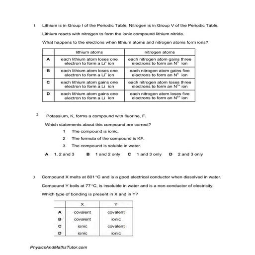 Ions, ionic bonds (multiple choice) qp